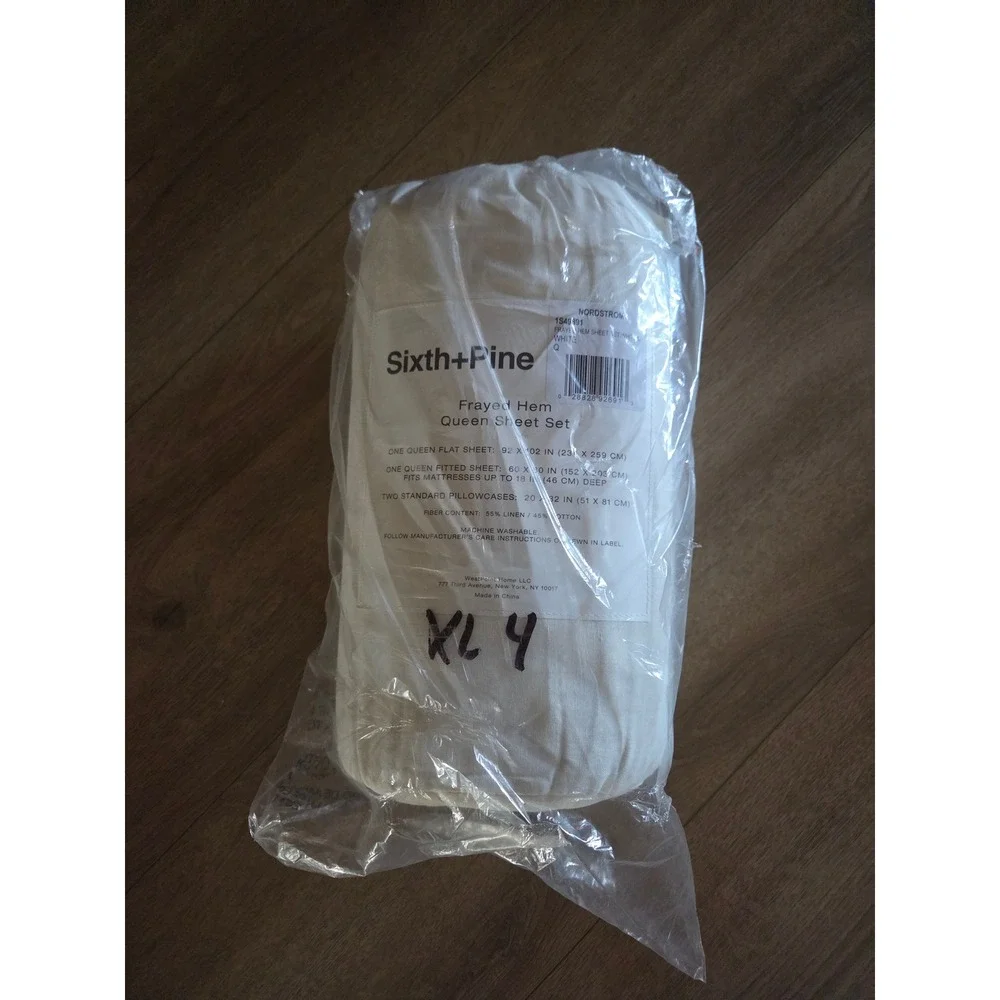 Sixth + Pine White Frayed Hem Queen Sheet Set 4pc Linen Cotton Blend NEW